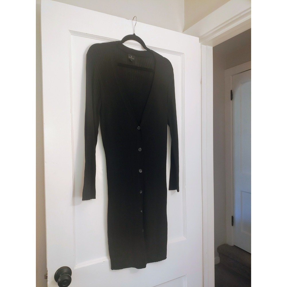 Vintage Worthington Black Ribbed Knit Duster Cardigan Womens L Made in Japan